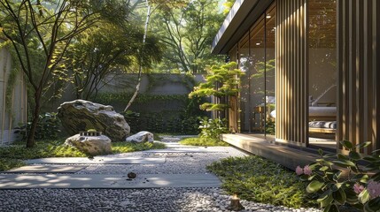 minimalist garden retreat with zen - inspired elements featuring a brown building, large rock, and lush green tree