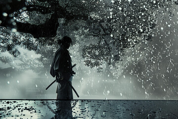 Samurai in Silhouette Under Rain-Covered Tree in Moody Scene