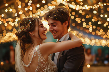 Bride and Groom Embrace Under Sparkling Lights at Reception.