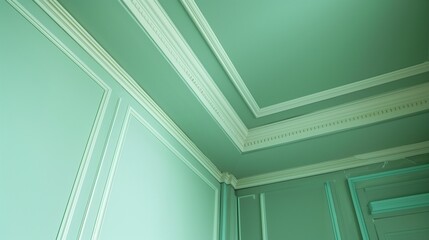 Obraz premium Ivory walls with mint green wainscoting and mint green ceiling with ivory crown molding.