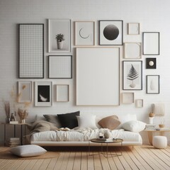 A Room with a template mockup poster empty white and with a couch and pictures on the wall image realistic harmony has illustrative meaning.