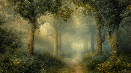 Mystical forest path illuminated by a soft sunrise light, creating an enchanting and serene atmosphere.