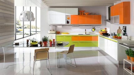 minimalist kitchen with bright colored furniture, featuring a white countertop, silver faucet, and stainless steel sink the space is accented with potted green plants, including a