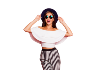 Portrait of cool shine elegant charming adorable straight-haired lady wearing white off-the-shoulders top modern look outfit wide pants isolated over pastel red background