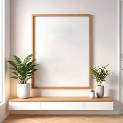 Picture frame mockup poster template on the white wall in the living room with plants, 3d render
