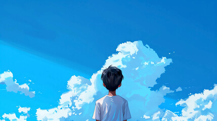 Animation Style Image of a Young Boy Looking at a Large Cloud