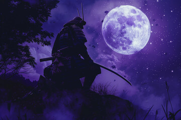 Samurai Gazing at the Full Moon in a Mysterious Dark Purple Sky