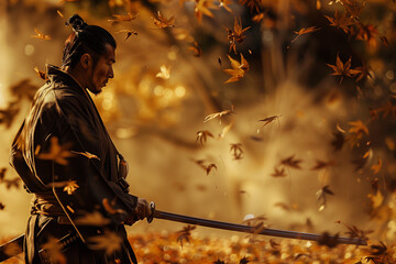 Samurai Contemplating Amid Falling Autumn Leaves in Warm Light