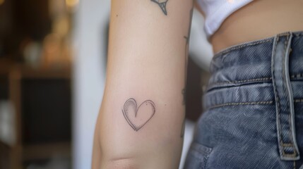 Delicate and subtle heart tattoo, conveying gentle love, with fine lines and soft shading, portrayed on a simple background