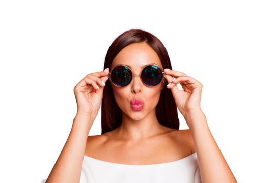 Close-up portrait of cool attractive charming adorable straight-haired lady wearing white off-the-shoulders top blouse air kiss touching glasses isolated over pastel red background