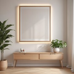 Picture frame mockup poster template on the white wall in the living room with plants, 3d render