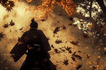 Samurai Surrounded by Falling Leaves in Golden Autumn Light