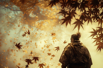 Samurai Watching Autumn Leaves Fall in a Mystical Forest