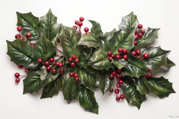 A festive arrangement of glossy holly leaves and vibrant red berries on a white background