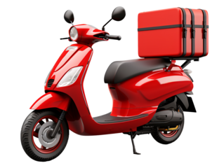 a red scooter with a box on the back