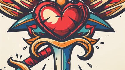 Close view of a classic American tattoo art, featuring a heart and dagger, characterized by thick outlines and flat color fill, on a clean background