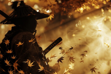 Samurai Looking at Falling Leaves in Autumn-Themed Setting