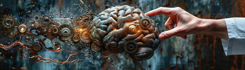 Conceptual image of a brain made of gears and wires tangled and rusted, representing depression and stress, with a doctors hand reaching in with a tool to repair - Powered by Adobe