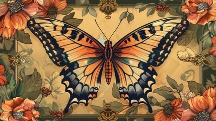 An antique-inspired art nouveau poster featuring a butterfly and frame design to highlight the motto exploring uncharted territory.