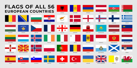 A set of rectangle flags of European countries in alphabetical order. Detailed national flags of Europe countries, including small states and partially European countries. Vector illustration