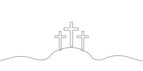Naklejka premium Calvary hill with three crosses. Religious christian symbol. Continuous line hand drawn. Cross vector illustration