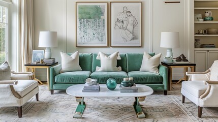 Mint green sofa with ivory accent chairs and ivory area rug in a living room.