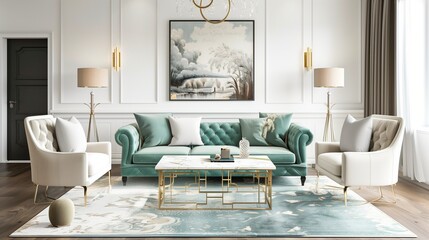 Mint green sofa with ivory accent chairs and ivory area rug in a living room.