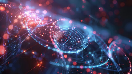 Obraz premium quantum physics, science, abstract futuristic background, atoms, electrons, space, stars, neon light, high technology, computer, beauty, design, wallpaper, horizontal, black, purple