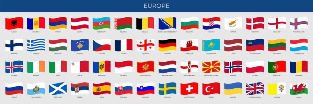 A set of wave-shaped flags of European countries. Detailed national flags of Europe countries, including small states and partially European countries. Vector illustration