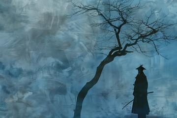 Lone Samurai Standing Next to a Bare Tree in a Cool Blue Winter