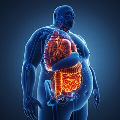 Interactive 3D graphic of the human body with areas affected by obesity highlighted, including heart, liver, and arteries - obrazy, fototapety, plakaty