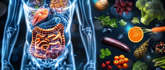 Infographic showing the human digestive system with options for detoxfriendly foods that boost metabolism and efficiency