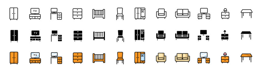 Home furniture icons collection. Linear, silhouette and flat style. Vector icons
