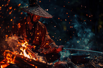 Samurai Meditating Beside a Campfire Under a Starry Sky