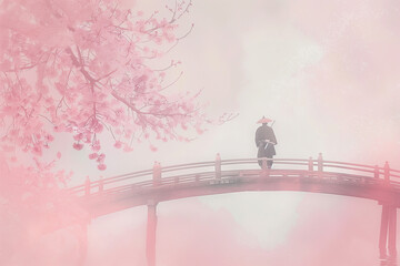 Ethereal Samurai on a Bridge Surrounded by Swirling Cherry Blossoms