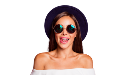 Close-up portrait of nice cheerful positive elegant chic charming attractive straight-haired lady wearing white off-the-shoulders top blouse licking lips isolated over pastel red background