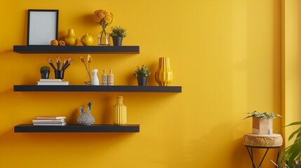 Mustard yellow accent wall with navy blue floating shelves displaying mustard yellow decor pieces.