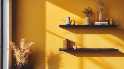 Mustard yellow accent wall with navy blue floating shelves displaying mustard yellow decor pieces.