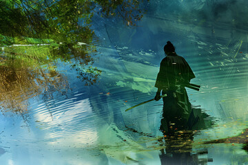 Lone Samurai Reflected in the Calm Waters of a Serene Lake