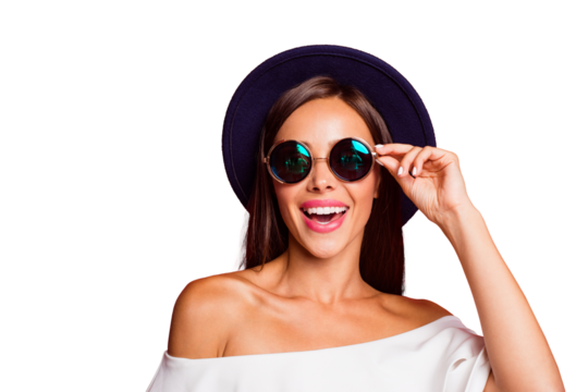 Close-up portrait of nice cheerful positive optimistic attractive lovely straight-haired lady wearing white off-the-shoulders blouse top touching glasses isolated over pastel red background