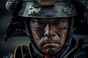 Warrior's Gaze: Close-Up of a Samurai's Face in Battle-Worn Armor