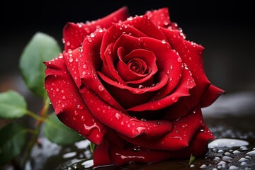 A single, perfect red rose, captured in all its beauty. The velvety petals are covered in raindrops, which sparkle like diamonds in the light.