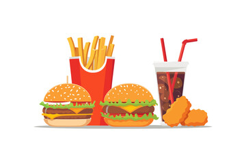 Fast food illustration on white background. Big juicy burger, fries and cold soda on a white background.
