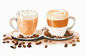 Two cups of coffee on a white background. Coffee beans near a cup of aromatic black coffee.