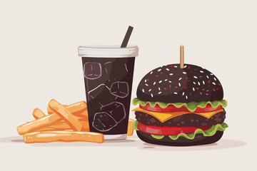 Fast food illustration on white background. Big juicy black burger, fries and cold soda on a light background.