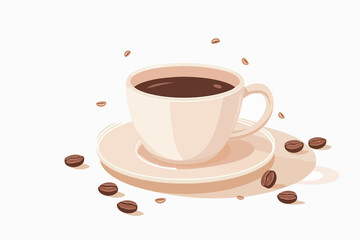 Cup with coffee on a white background. Coffee beans near a cup of aromatic black coffee.