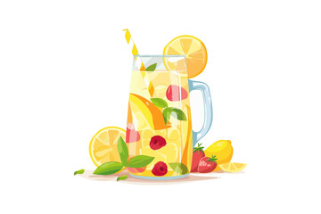 Illustration of fresh lemonade with lemon slices and mint leaves. Summer refreshing drink.