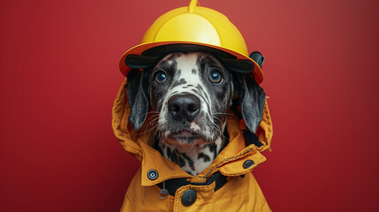 A Dalmatian dog wearing a yellow firefighter helmet and jacket against a red background.