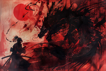 Samurai Engaging with a Mythical Dragon in a Dynamic Battle Scene