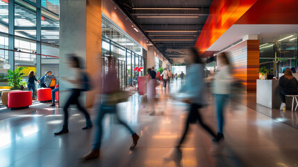 Vibrant activity fills the modern office space as people move with purpose, their figures blurred in motion against the backdrop of a bright business workplace.